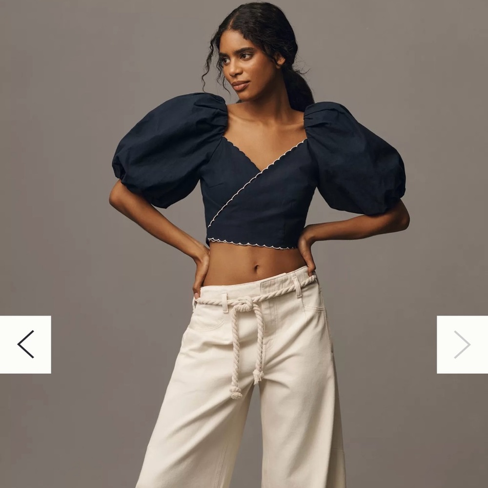 Elegant Navy Puff-Sleeve Linen Wrap Blouse